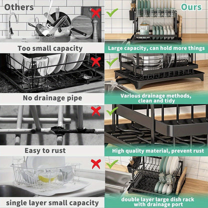 2 Tier Stainless Steel Dish Drying Rack with Drainboard, Adjustable Dish Drainer for Kitchen Counter with Utensil Holder and Cup Rack – Rotatable Drainage System