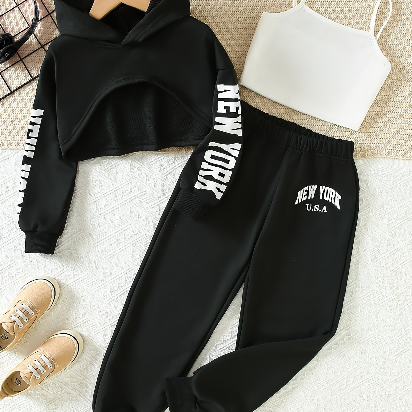 Girls' 3pcs Fashion Outfit, Short Hoodie and Tank Top with Athletic Pants Set, New York Print Casual Long Sleeve Top, Kids Spring/Summer/Autumn/Winter Clothing, Knitted Fabric, Stretchy, Letter Pattern, Regular Fit, Polyester