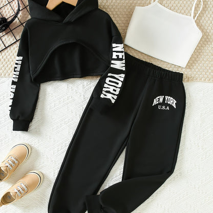 Girls' 3pcs Fashion Outfit, Short Hoodie and Tank Top with Athletic Pants Set, New York Print Casual Long Sleeve Top, Kids Spring/Summer/Autumn/Winter Clothing, Knitted Fabric, Stretchy, Letter Pattern, Regular Fit, Polyester