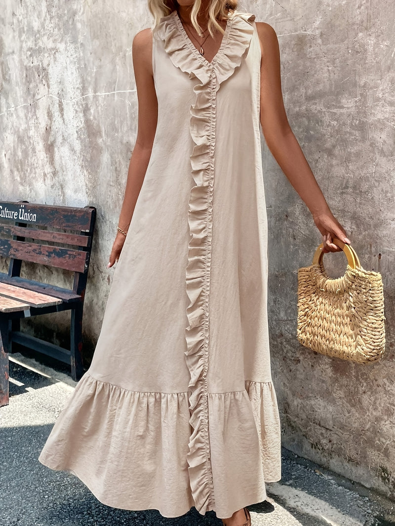 Elegant Beige V-Neck Sleeveless Dress with Ruffle Detail - Casual Polyester, A-Line Flare, Machine Washable for Spring/Summer