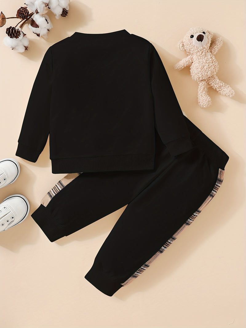 Adorable 2pcs Outfit For Toddler Girls &amp; Boys - Bear Embroidery Sweatshirt &amp; Splicing Pants! Outdoor Clothes