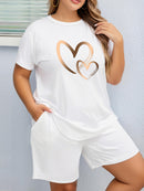 2pcs Women'S Plus Size Casual Outfit - Heart Print Short Sleeve T-Shirt & Pocketed Shorts, Stretchy Waistband, Crew Neck, Soft Fabric, Perfect for Spring/Summer