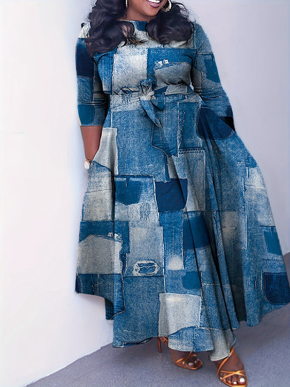 Elegant Women's Plus-Size Dress with Tie Waist, Casual Fashionable Long Sleeve Camouflage Print Knit Fabric with Pocket, X-Shape Fit, Round Neck, Straight Hem, No Bra Pad - Spring/Summer/Autumn