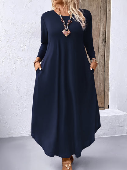 Plus Size Solid Color Dress, Casual Long Sleeve Crew Neck Dress for Spring & Fall, Women's Plus Size Clothing