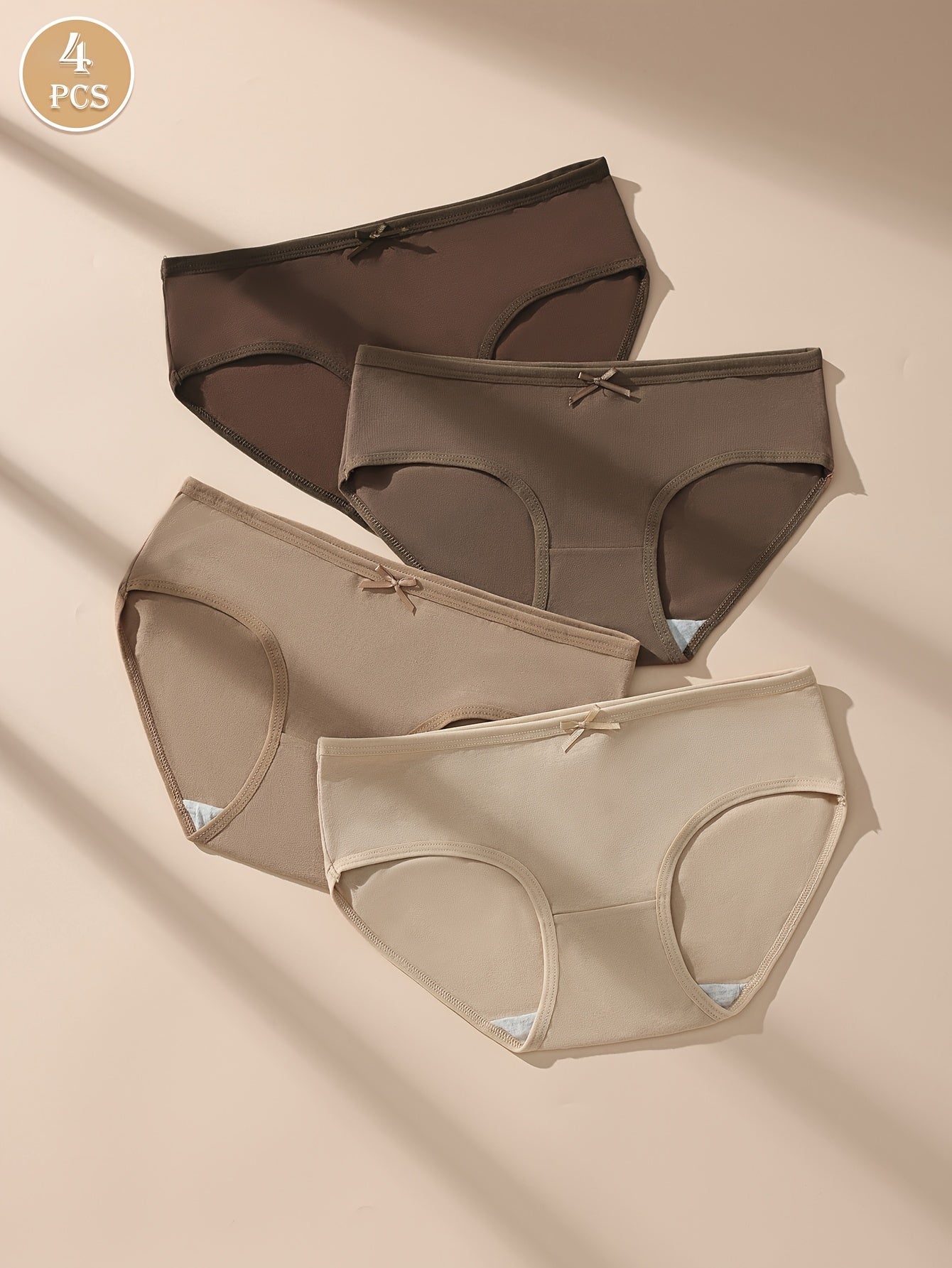 4pcs Sexy Cotton Briefs for Women - Comfortable & Breathable with Bow Detail, Solid Color