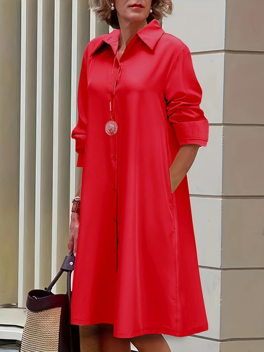 Vestido informal de talla grande para mujer, vestido camisero de manga larga con botones y cuello vuelto, liso, talla grande