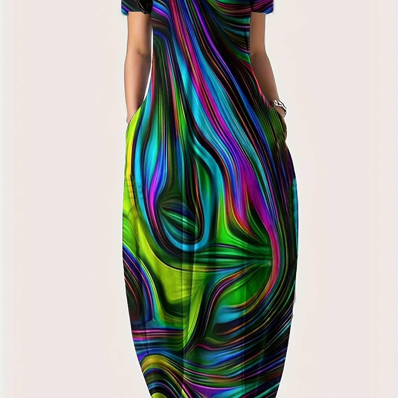 [1pc Plus Size Geometric Print Maxi Dress] 1pc Plus Size Geometric Print Maxi Dress, Stretchy Polyester Knit, Round Neck, Short Sleeve, Casual Loose Fit with Pockets, All-Season Versatile Style