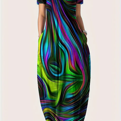 [1pc Plus Size Geometric Print Maxi Dress] 1pc Plus Size Geometric Print Maxi Dress, Stretchy Polyester Knit, Round Neck, Short Sleeve, Casual Loose Fit with Pockets, All-Season Versatile Style