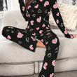 Heart Print Polyester Pajama Set for Teens - Mature Style Crew Neck Top with Slight Stretch, Knit Fabric Regular Fit Lounge Wear for All Seasons (95% Polyester, 5% Elastane)