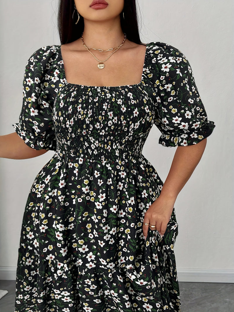 Women's Summer Square Neck Elastic Waist Floral Print Puff Sleeve A-Line Maxi Dress - Lightweight Breathable Machine Washable Plus Size Flowy Long Dress for Beach Vacation & Casual Outings, Beach Dresses