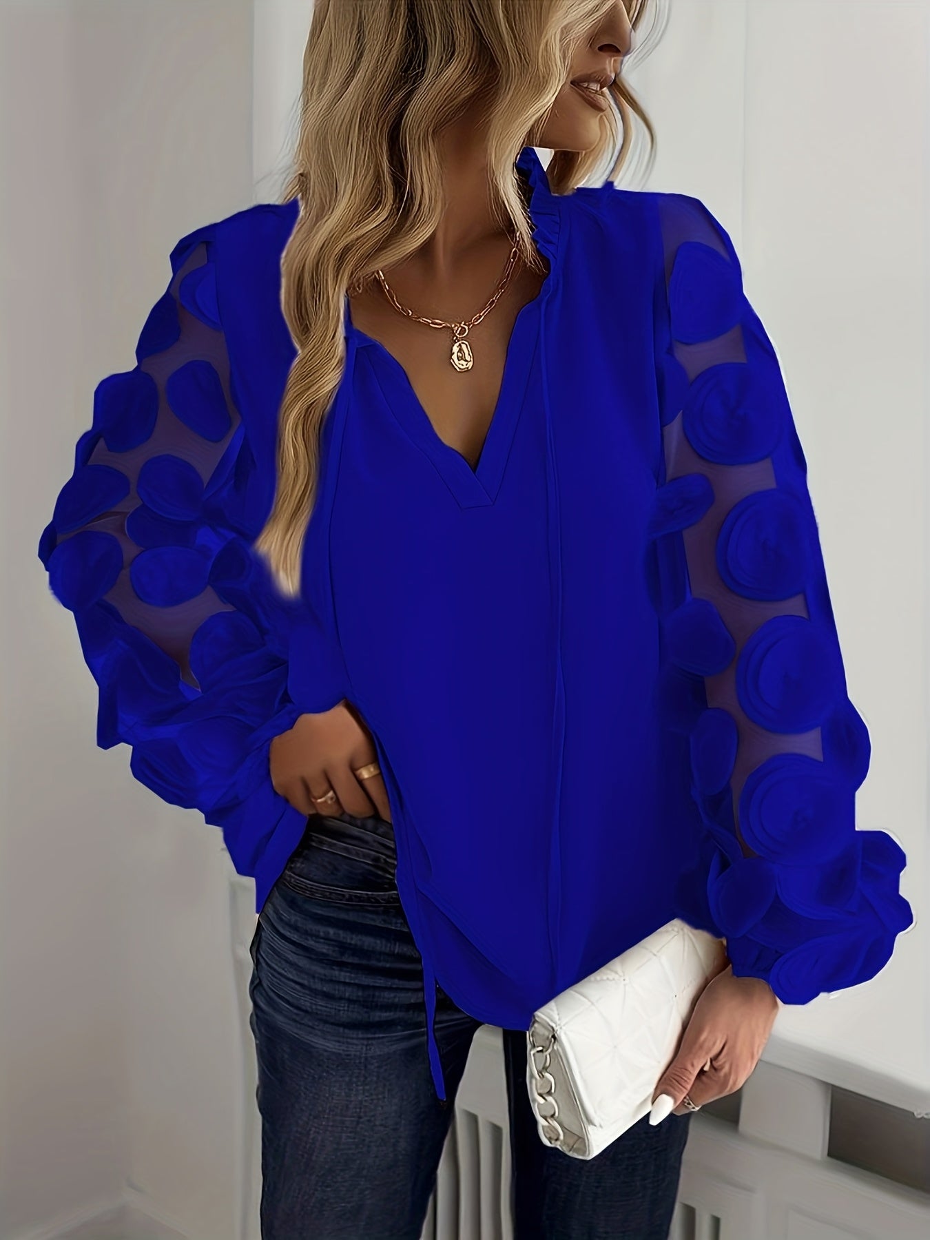 Plus Size Women'S Elegant White Blouse with Floral Mesh Sleeves - Long Sleeve, Notched Collar, Oversized Fit, Perfect for Night Outs, Casual to Formal Attire, Plus Size Blouse | Floral Pattern Top | Mesh Fabric Detail, Plus S