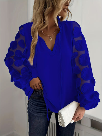 Plus Size Women'S Elegant White Blouse with Floral Mesh Sleeves - Long Sleeve, Notched Collar, Oversized Fit, Perfect for Night Outs, Casual to Formal Attire, Plus Size Blouse | Floral Pattern Top | Mesh Fabric Detail, Plus S