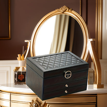 Elegant 3-Layer Lockable Jewelry Box - Space-Saving Dresser Organizer for Earrings &amp; Accessories, Perfect Gift for Women