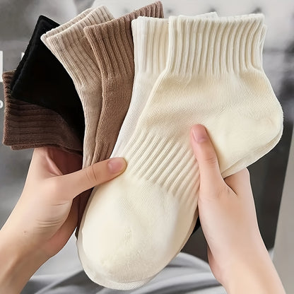 6 Pairs CozyFit Women's Winter Short Tube Socks - Soft Polyester Knit Sports Ankle Socks with Spandex, Solid Color, Comfortable Casual Daily Wear