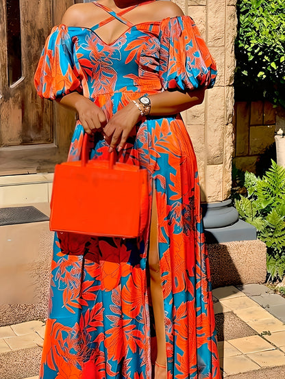 Vestido con cuello cruzado y estampado tropical de talla grande, estilo vacacional, con mangas abullonadas y dobladillo dividido, para primavera y verano, ropa de talla grande para mujer.