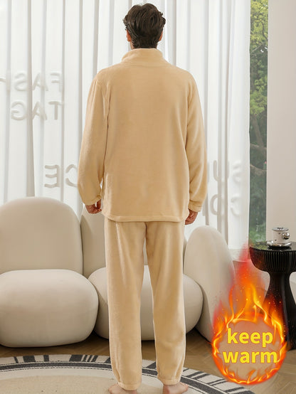Conjunto de pijama de hombre con camiseta y pantalón de franela con bordado de letras, cuello alto, cremallera y manga larga para otoño e invierno.