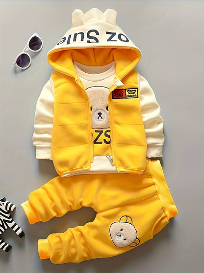 Winter Toddler Kid Girls Cartoon Bear Double-sided Velvet Hooded Coat + Sweatshirt + Pants Three-piece Set, Autumn And Winter Children's Set, Thick With Hat Casual Set Outdoor Set