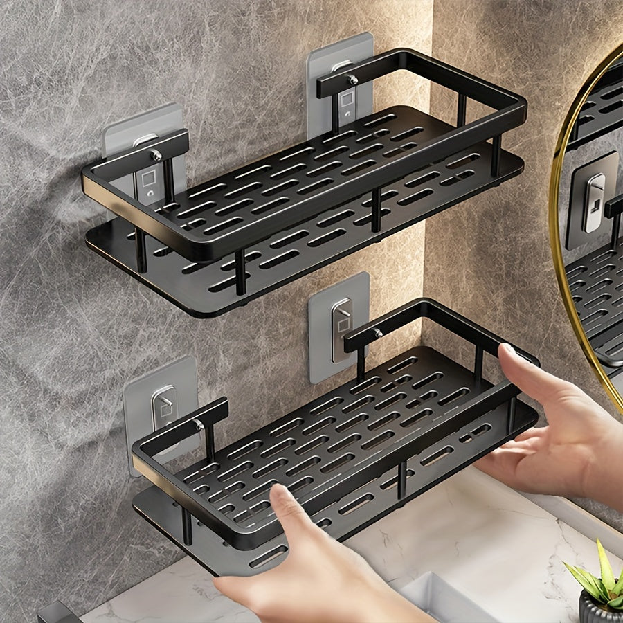 Easy-Install No-Drill Wall Shelf for Bathroom & Kitchen - Durable Plastic Shower Caddy with Hooks, Perfect for Shampoo & Accessories Storage