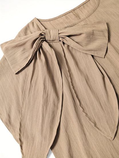 Women'S Casual Beige Knotted Top & Matching Pants Set - Spring/Summer Style, Solid Color, Relaxed Fit with Drawstring Waist, Stylish Accessory Bag, Everyday Casual Wear|Stylish Knotted Top|Drawstring Waist Pants, Casual Wear