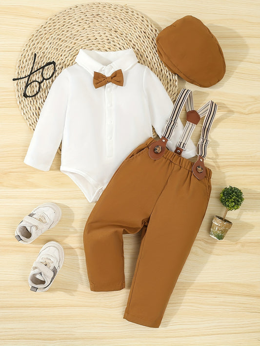 Baby's Gentleman Outfit For Spring Fall, Bowtie Bodysuit & Suspender Pants & Hat Set, Infant & Toddler Boy's Suit For Formal Outdoor Occasions/Photography/Birthday Party/Weddings Outdoor clothing