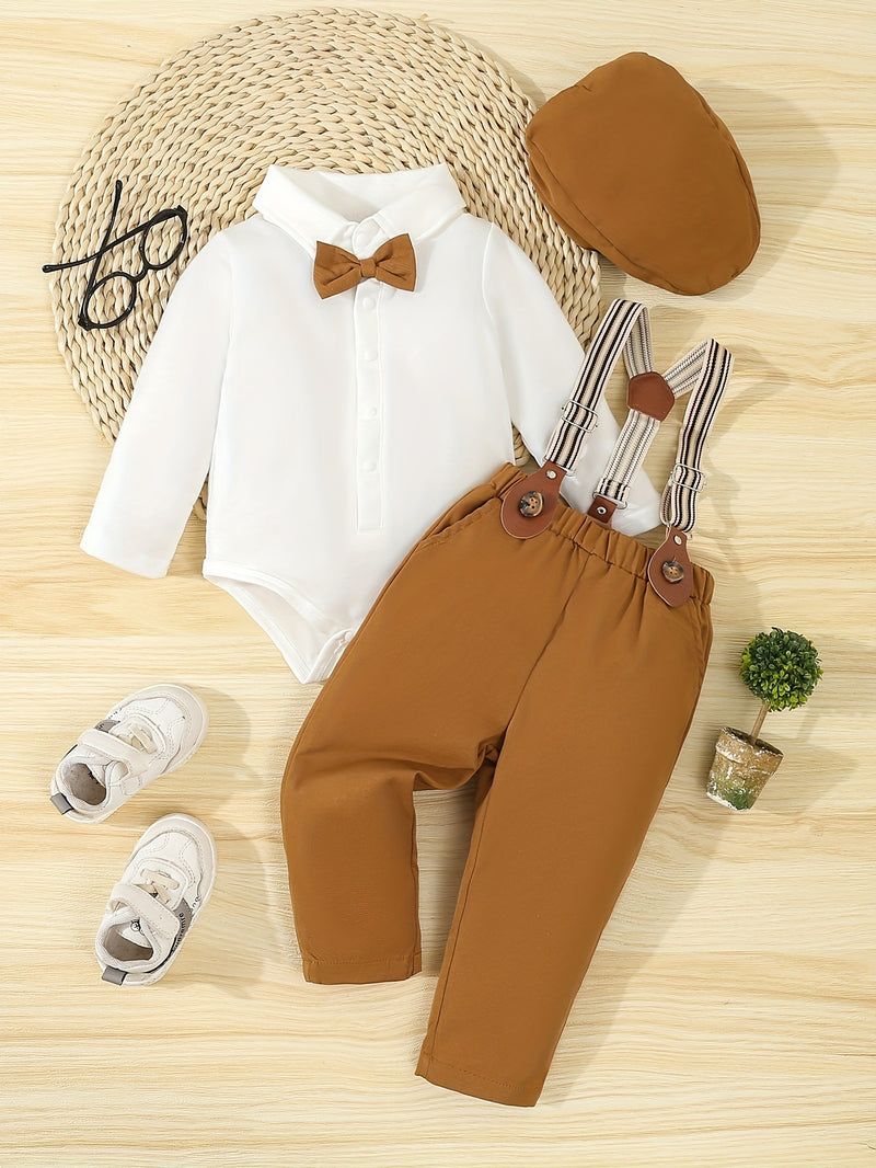Conjunto de caballero para bebé primavera/otoño: mono con pajarita, pantalón con tirantes y gorro. Traje para bebé y niño pequeño para ocasiones formales al aire libre, fotografía, cumpleaños y bodas. Ropa de exterior.