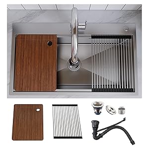 MEJE 80 x 46 Cm Drop-in 11 Gauge Stainless Steel Workstation Kitchen Sink ,Large Single Bowl,  Color Black，Grey