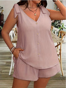 Women'S Casual Sleeveless V-Neck Top & Shorts Two-Piece Set - Loose Fit, Solid Navy Blue, Polyester Blend, Perfect for Summer Vacations, Summer Vacation Wear|Relaxed Fit Shorts|Polyester Blend