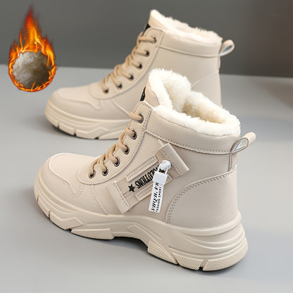 Women's Side Zipper Winter Thermal Snow Boots With Fleece Lining, Height Increased Thick-soled Platform Comfortable Lace-up Mid-tube Boots