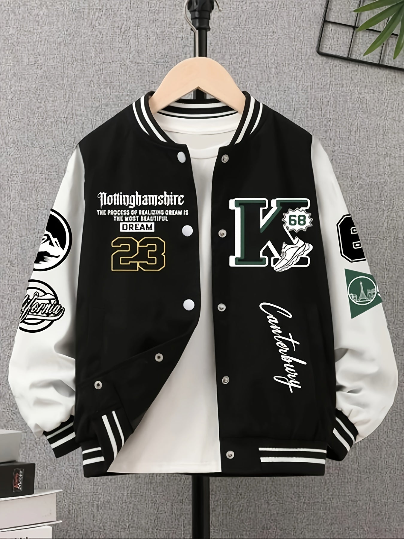 Chic Plus Size Women's Baseball Jacket - Casual Fall/Winter Coat with Letter Print, Button-Up Front, Machine Washable