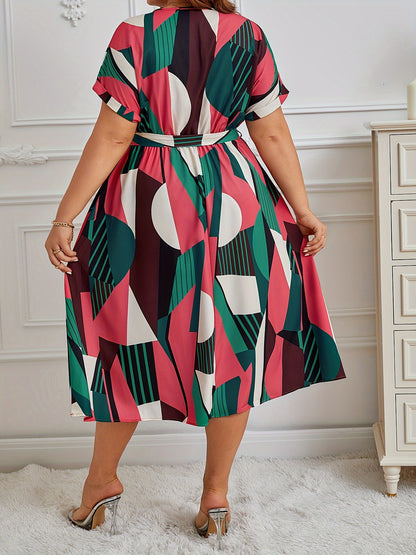 Vestido con estampado tropical y mangas murciélago, talla grande, escote en V, cintura con cinturón, poliéster ligero, lavable a máquina, ideal para vacaciones de verano. Vestidos de verano de talla grande.