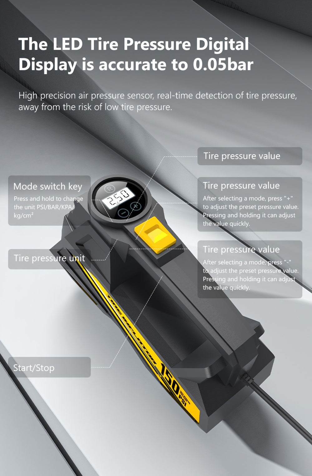 Carsun Digital Tire Inflator - Portable Car Air Pump Compressor with LED Light, for Smart Chip Upgrade, 22-Cylinder Movement & Wired Power Supply for Automobiles, Motorcycles, Bicycles - 12V DC, 150 PSI, Car Plug Operation, N