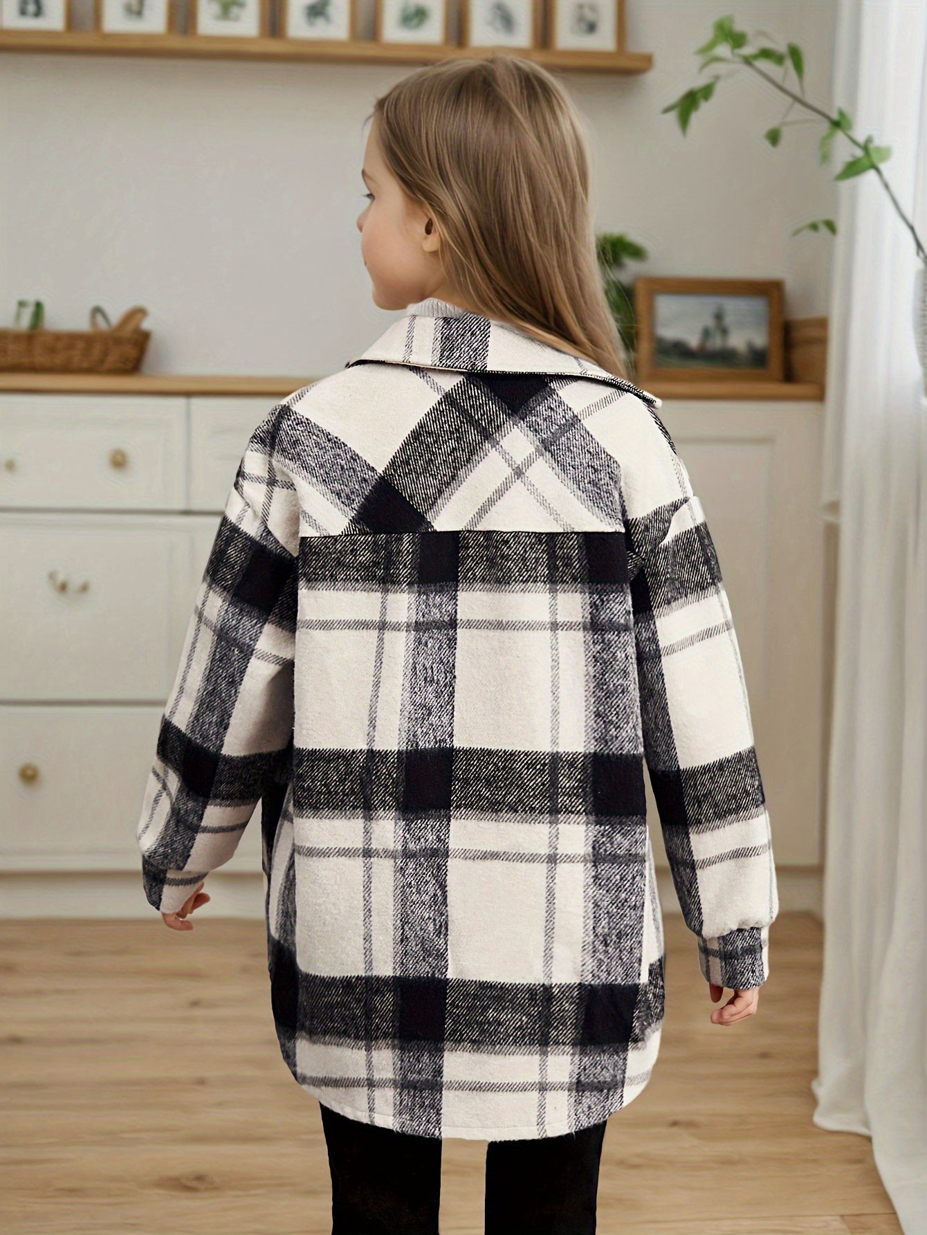 Abrigo de pana con botones, manga larga y estampado a cuadros, con bolsillos, para niñas, moderno y elegante, ideal para actividades al aire libre en primavera, otoño e invierno.