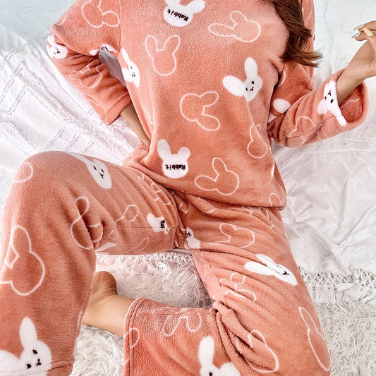 [Home Relaxation] Cozy & Warm Women's Fleece Pajama Set in Green with White Cartoon Rabbit Pattern - Soft Polyester, Anti-Static, Machine Washable - Elegant Home Loungewear with Round Neck Top & Pants for Fall/Winter, Plus Si
