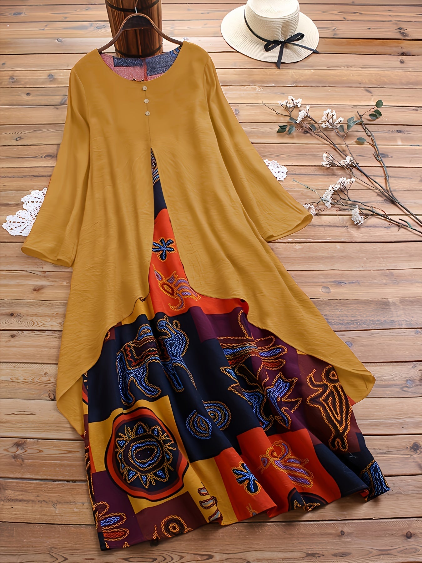 Plus Size 2-in-1 Graphic Print Dress, Casual Button Decor Crew Neck Long Sleeve Dress For Spring, Women's Plus Size Clothing