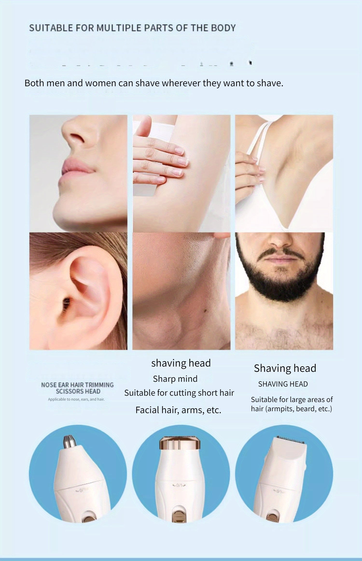 Kit de depilación eléctrica 3 en 1 para mujer: recortadora facial recargable por USB, recortadora de vello nasal, depiladora corporal completa, regalos para mujeres