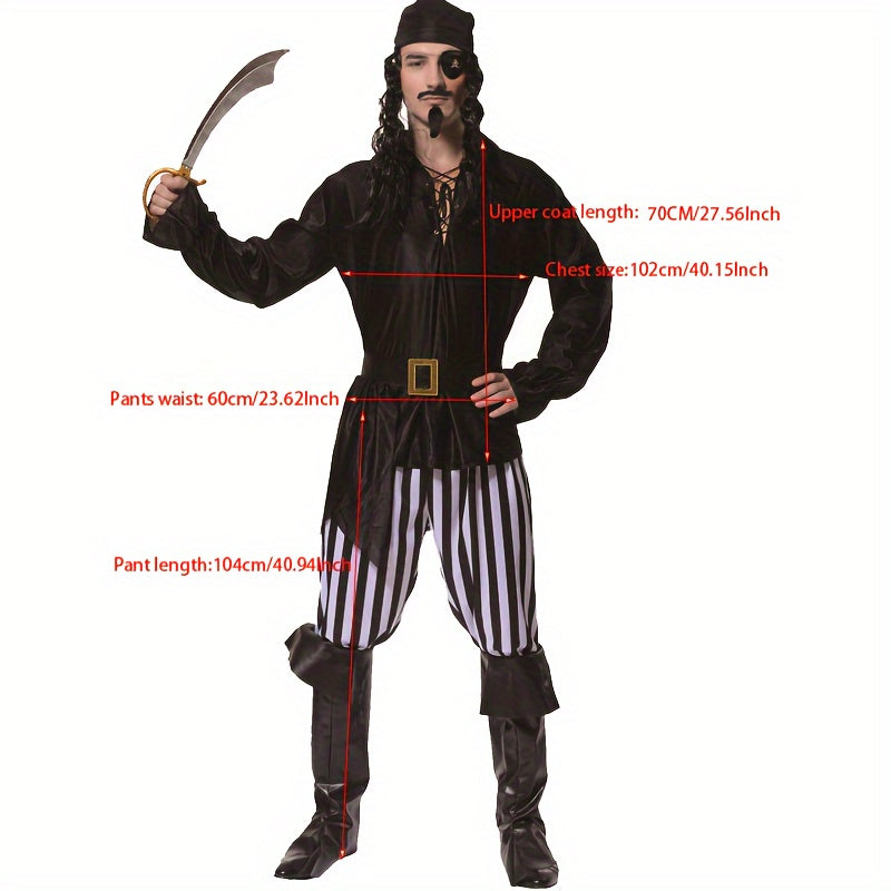 Disfraz de pirata divertido para hombre: disfraz completo de fiesta de Halloween con tejido de poliéster e incluye accesorios de cosplay.