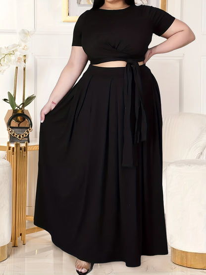 Plus Size Women's Solid Color Cross Tie Maxi Skirt Set, Casual Polyester Knit Dress with Short Sleeves, Round Neck, Pullover, Elastic Fabric, Fashionable Two-Piece Outfit