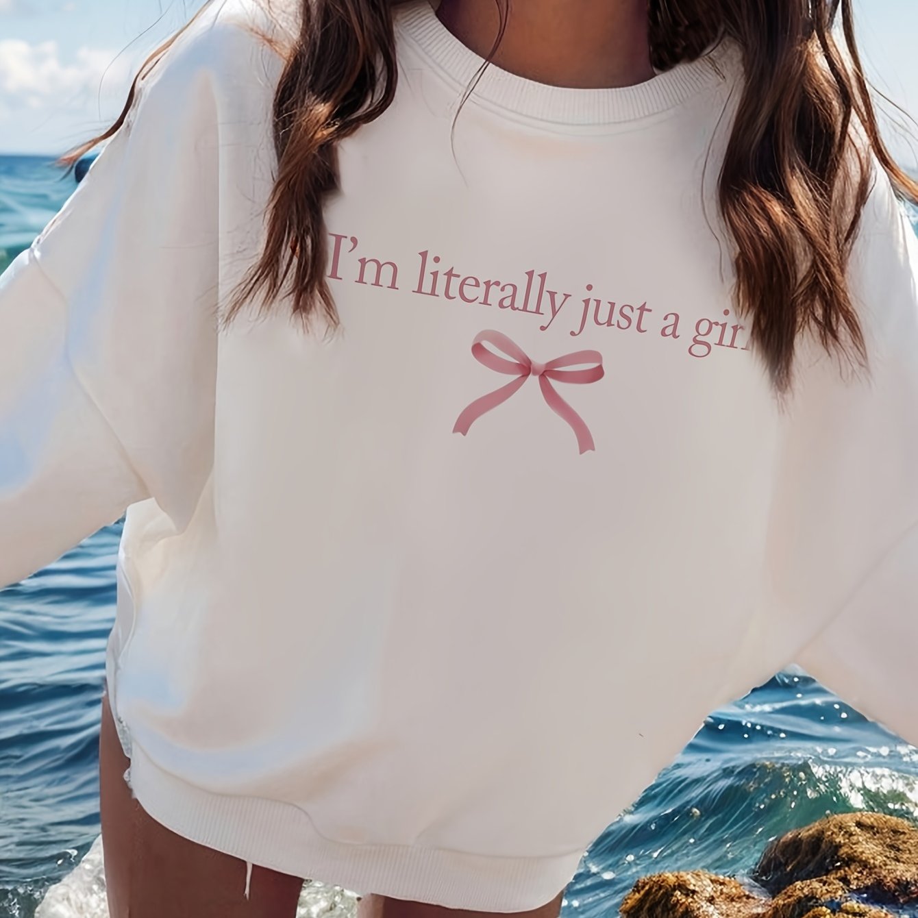 Casual Crew Neck Sweatshirt with Butterfly Graphic and Lettering, Long-Sleeve Pullover with Slight Stretch for Women, Loose Fit Knit Fabric Top for Fall/Winter