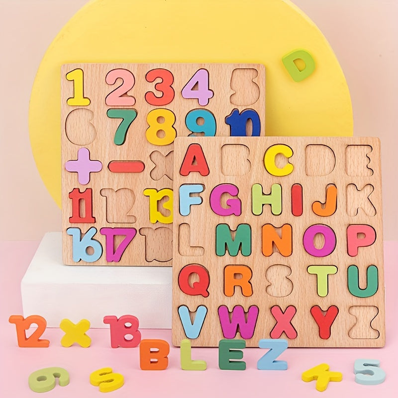 Juego de 4 juguetes educativos STEM de madera grandes: bloques de rompecabezas con alfabeto, números y formas para el aprendizaje temprano, el reconocimiento de colores y el desarrollo de habilidades para la resolución de problemas.