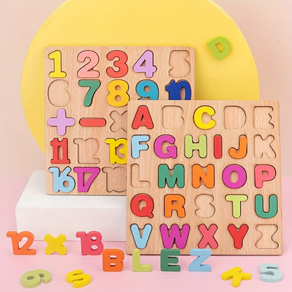 Juego de 4 juguetes educativos STEM de madera grandes: bloques de rompecabezas con alfabeto, números y formas para el aprendizaje temprano, el reconocimiento de colores y el desarrollo de habilidades para la resolución de problemas.