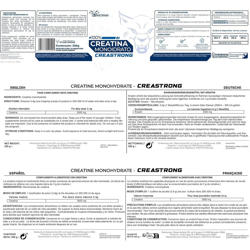 Creatine Monohydrate 3000Mg Creastrong Pure, Creatine Powder Without Additives for Pre, Intra And Post Workout, Alternative to Creatine Capsules And Tablets, Creatine Vitastrong 250G Soluble And Certified