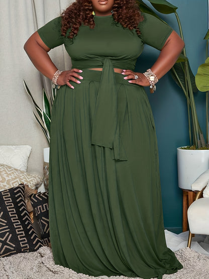 Plus Size Women's Solid Color Cross Tie Maxi Skirt Set, Casual Polyester Knit Dress with Short Sleeves, Round Neck, Pullover, Elastic Fabric, Fashionable Two-Piece Outfit