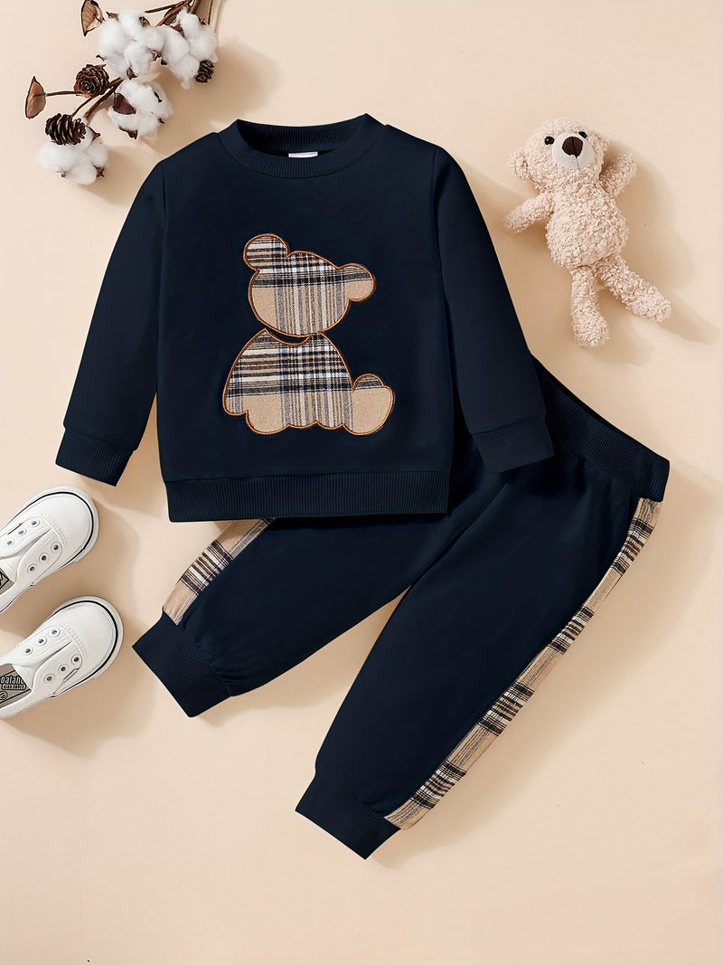 Adorable 2pcs Outfit For Toddler Girls &amp; Boys - Bear Embroidery Sweatshirt &amp; Splicing Pants! Outdoor Clothes