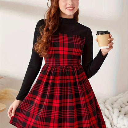 Children's Plaid Dress with Long Sleeves, Color Block Knit Fabric, Casual Fit, Polyester, Mid-Stretch, for Kids - Autumn/Winter Collection