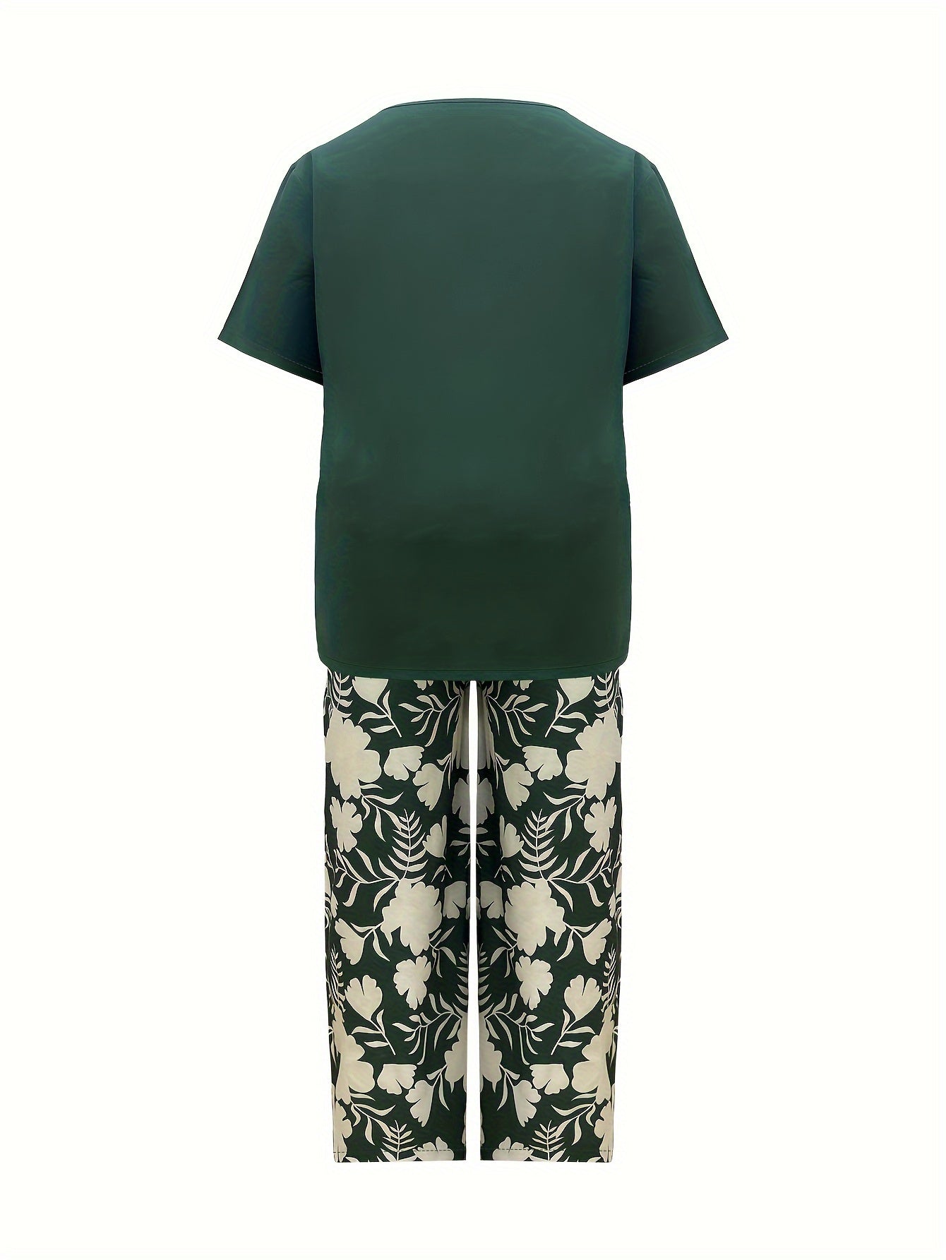Plus Size Elegant Two-piece Set, Solid Crew Neck Short Sleeve Top & Floral Print Pants Outfits, Women's Plus Size Clothing
