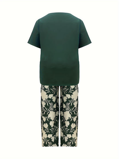 Plus Size Elegant Two-piece Set, Solid Crew Neck Short Sleeve Top & Floral Print Pants Outfits, Women's Plus Size Clothing