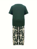 Plus Size Elegant Two-piece Set, Solid Crew Neck Short Sleeve Top & Floral Print Pants Outfits, Women's Plus Size Clothing