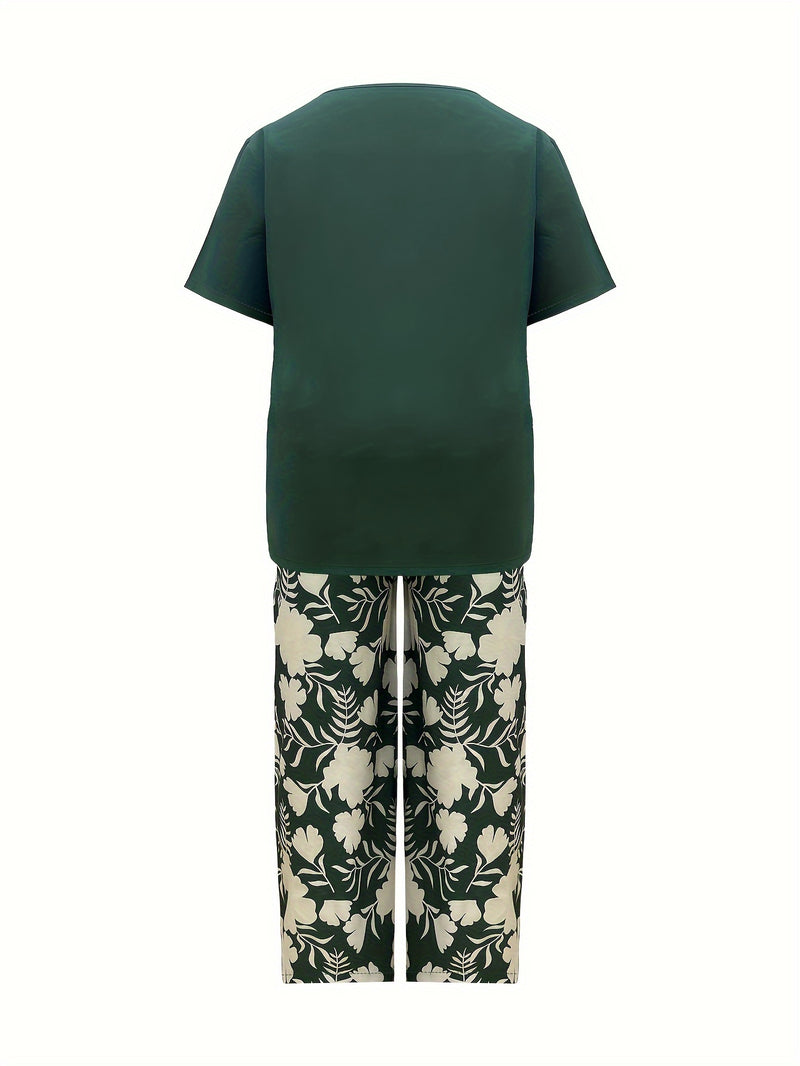 Plus Size Elegant Two-piece Set, Solid Crew Neck Short Sleeve Top & Floral Print Pants Outfits, Women's Plus Size Clothing