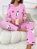 [Home Relaxation] Cozy & Warm Women's Fleece Pajama Set in Green with White Cartoon Rabbit Pattern - Soft Polyester, Anti-Static, Machine Washable - Elegant Home Loungewear with Round Neck Top & Pants for Fall/Winter, Plus Si
