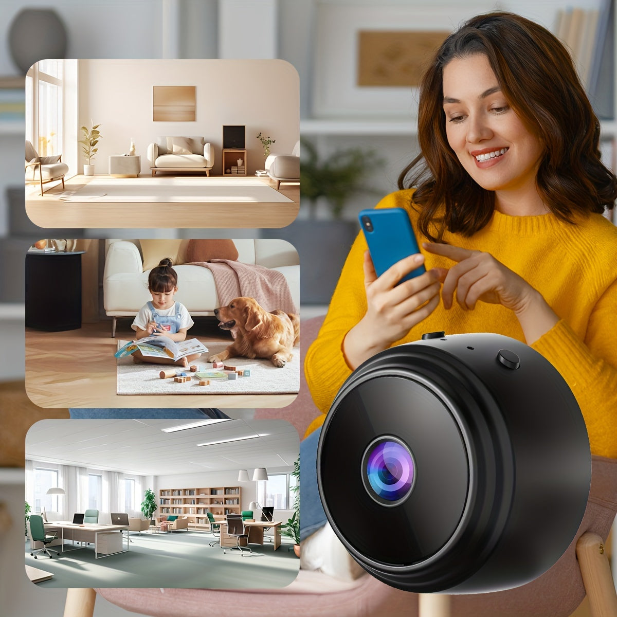 Minicámara de vigilancia inalámbrica con tapa trasera magnética, captura de video de 480p, batería recargable de polímero de litio, alimentación por USB/batería, Wi-Fi para monitoreo en casa, oficina y auto (blanco y negro)